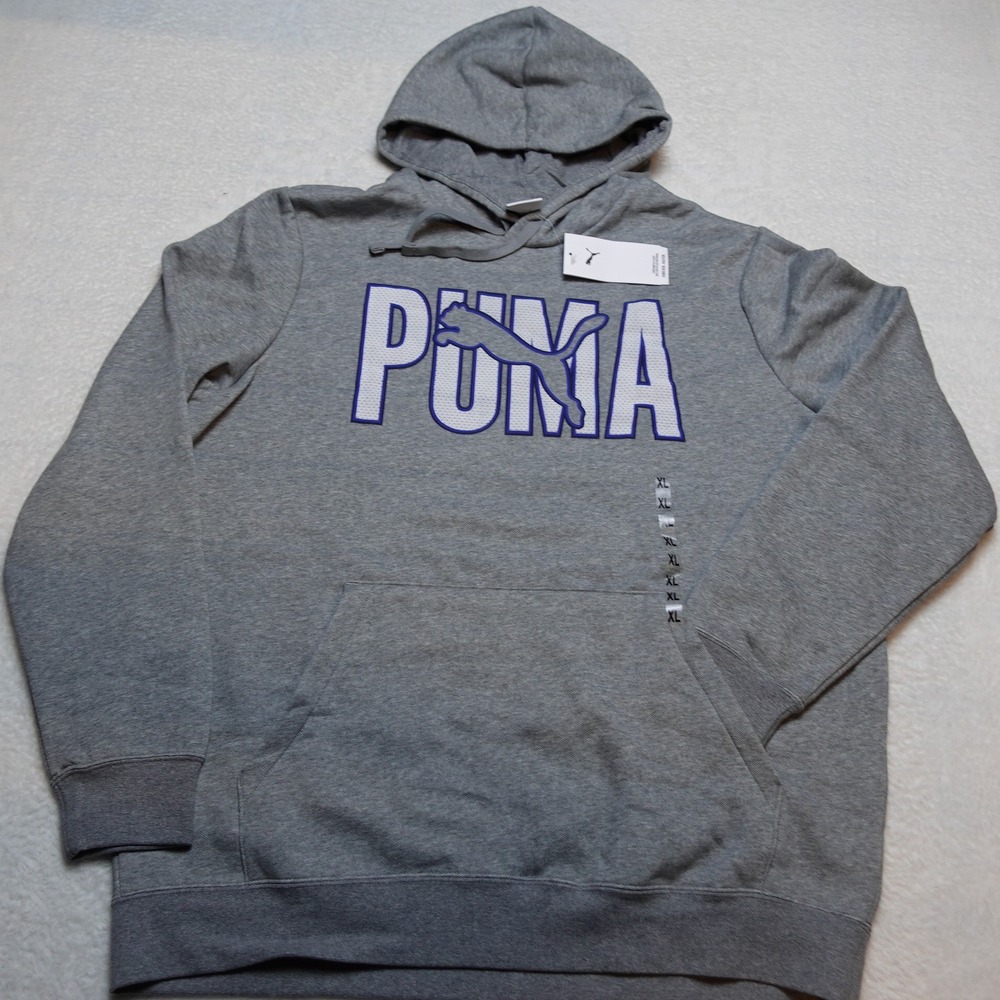 PUMA ESS Overlap Hoodie Mens XL Gray Blue Logo Fleece Sweatshirt 690425 03